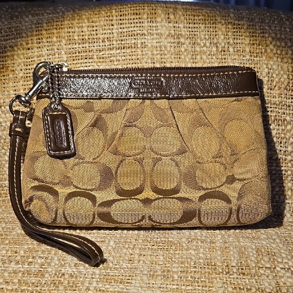Coach Signature Wristlet in Brown with Leather Trim L-7"XH-4.5"